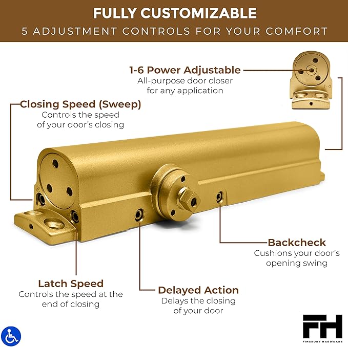 Commercial Door Closer Automatic Heavy Duty High Traffic Adjustable ANSI/BHMA Grade 1 Standard, UL Listed ADA Compliant Hydraulic Backcheck Delayed Action Latch Speed 1-6 Power (1, Matte Gold)