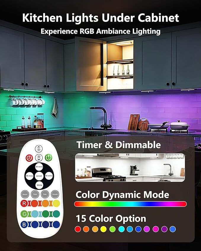 SZOKLED 58-LED Motion Sensor Under Cabinet Lights Wireless, RGB Closet Light Night Lights Remote, 1100mAh Rechargeable Under Cabinet Lighting Counter Lights for Indoor Kitchen, Stair (6 Packs)