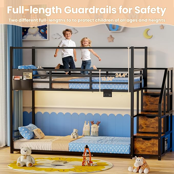 Low Bunk Bed Twin Over Twin with Storage Staircase, RGB LED Lights, Drawers & Shelves, Metal Bunk Beds for Kids with Power Outlet, Double Full-Length Guardrails & Metal Slats for Small Space, Black