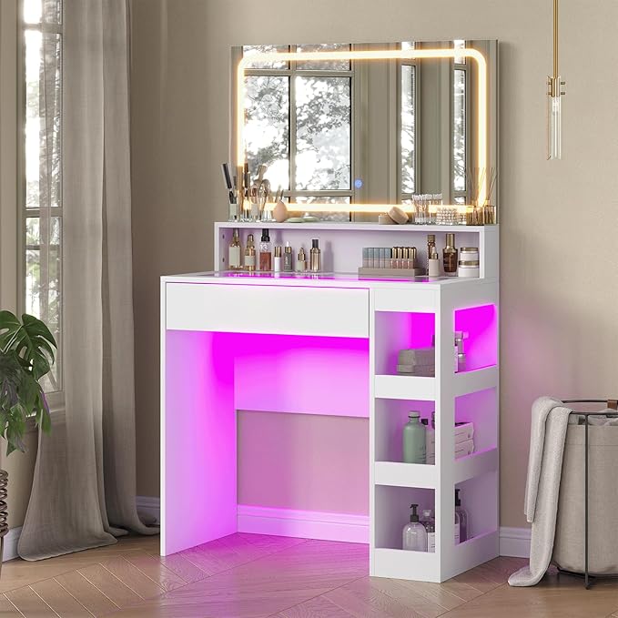 Makeup Vanity Desk with Mirror and Lights, LED Tempered Glass Top, 3 Lighting Modes Brightness Adjustable,Power Outlet,Bedroom Dressing Table, Snow White