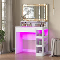 Makeup Vanity Desk with Mirror and Lights, LED Tempered Glass Top, 3 Lighting Modes Brightness Adjustable,Power Outlet,Bedroom Dressing Table, Snow White