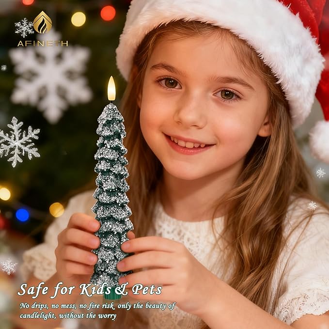 Christmas Tree Candles with Snow, 9.6" Green Real Wax Flameless Taper Candles with Remote, Flickering Xmas Candlesticks for Home, Party Decor, 4 Pack