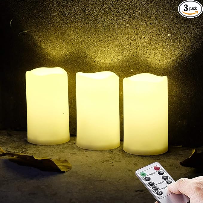 NONNO&ZGF 3 X 5'' Outdoor Waterproof Flameless Candles, 3 Pack, Warm White LED Resin Rainproof Pillar Battery Candle with Remote Control/Timer