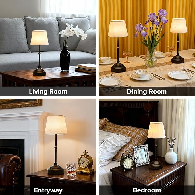 2 Pack Cordless Table Lamp, Rechargeable Desk Lamp with Fabric Shade, Battery Operated Lamp 3 Color Stepless Dimming, Small Touch Bedside Lamp Home Decor for Dining, Counter (Matte Black)