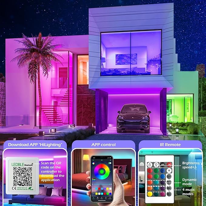 65.5FT Led Strip Lights,Long Smart Led Light Strips Music Sync 5050 RGB Color Changing Rope Lights,Bluetooth APP/IR Remote/Switch Box Control Led Lights for Bedroom,Home Decoration,Party,Festival