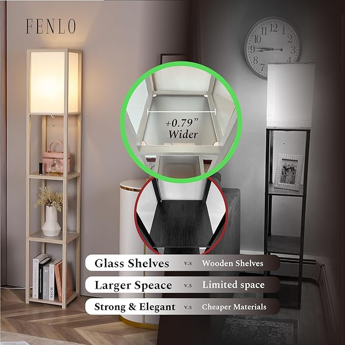 FENLO Floor Lamp with Shelves – Tall Standing Lamp with Tempered Glass Tiers – Modern Minimalist Floor Lamp for Bedroom, Living Room, or Corner Fina