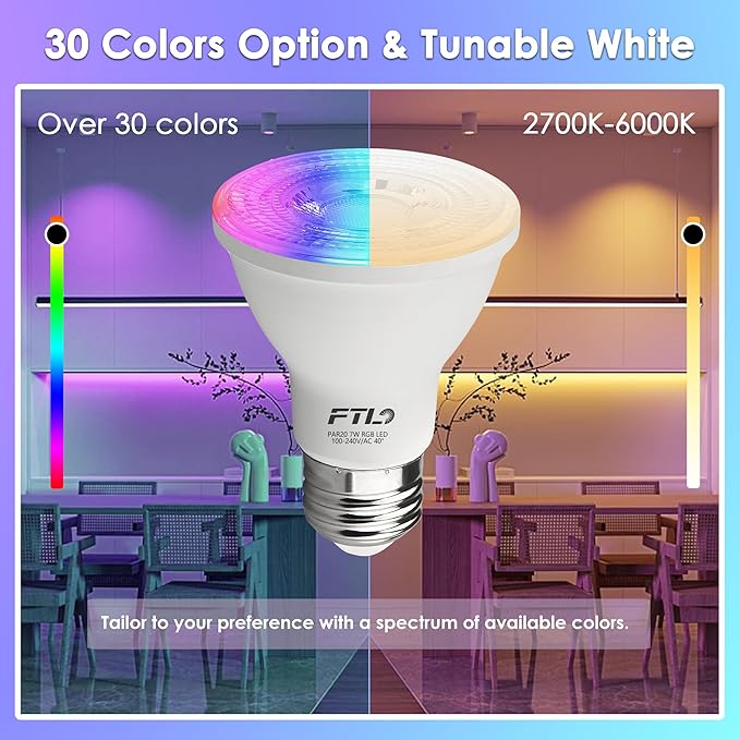 FTL PAR20 LED Bulbs Color Changing Light Bulbs with Remote Control, Dimmable RGB Colored Bulbs 2700K-6000K 7W 60W Equivalent, Timer,30 Colors, Flood Light for Track Recessed Lighting, 6-Pack