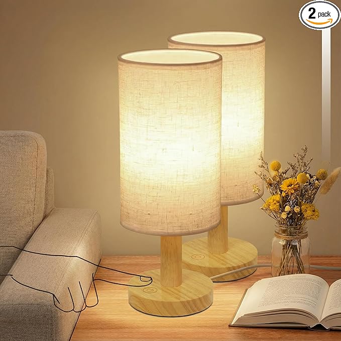Touch Bedside Table Lamps Set of 2 - Stepless Dimming USB Powered, Minimalist Wood Base Linen Shade, 2700K Warm Night Light for Bedroom Nightstand Nursery Dorm Kitchen Small Spaces(5W LED 50K Hrs)