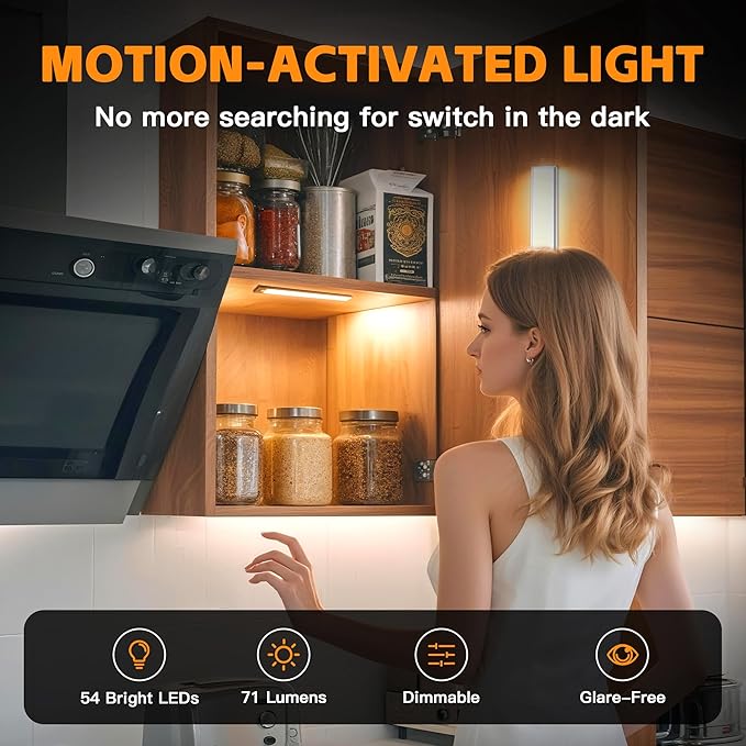 7.9inch Under Cabinet Lighting1400mAh with Motion Sensor,34LED 3Color Temperature,Closet Lights Motion Sensored, USB-C Charging,Durable And easy-to-install Magnetic Cabinet Light,staircases, -2Pack