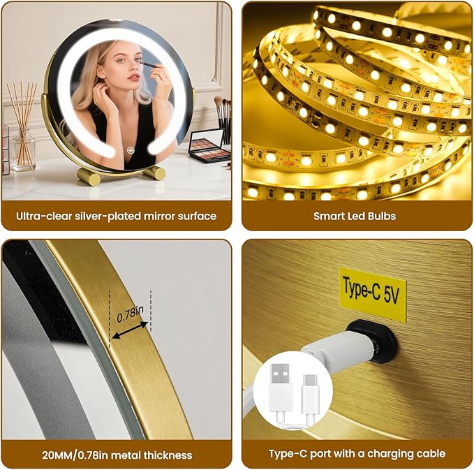 Vanity Mirror with Lights, 12" LED Makeup Mirror, HD Professional Mirror, Smart Touch with 3-Color Lighting, Dimmable, 360° Rotation, Lighted Up for Makeup Desk, Bedroom (Gold)