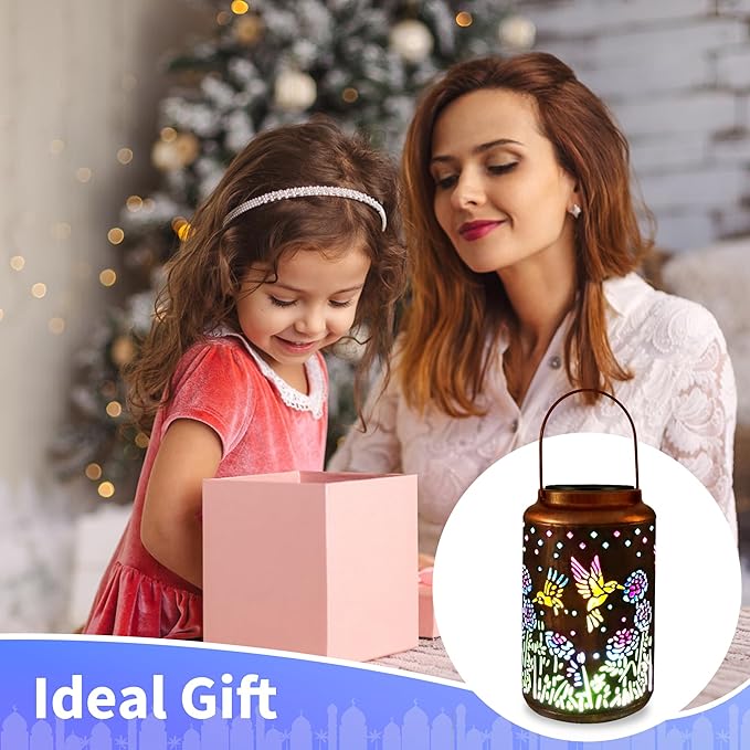 ODEETRONIC Solar Hummingbird Lantern with Colorful Projection - Hummingbird Birthday Gifts for Women Mom Grandma, Multicolor Hanging Lights Outdoor Waterproof, Solar Lantern Lights for Garden Patio