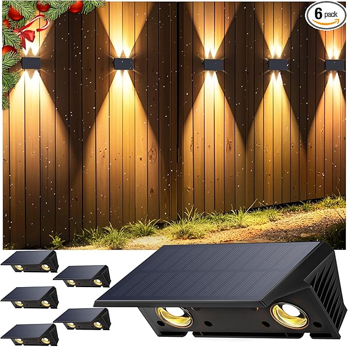 Fence Lights Solar Powered, 6-Pack Solar Fence Lights Up/Down Flexible Buttons, IP67 Waterproof for Outdoor, 100LM Bright, Auto Dusk to Dawn for Wall/Stairs/Yard/Railing/Deck/Pathway (Warm White)