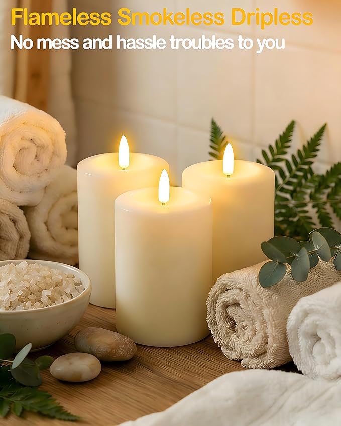 3"x5" Flickering Flameless Candles with Remote Timer, Real Wax, Ivory Pillar Candles, Set of 3 Large LED Battery Operated Candles for Home, Fireplace, Centerpiece, Rustic and Farmhouse Decor