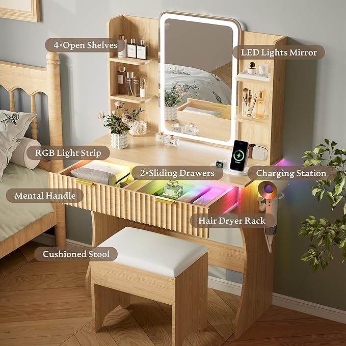 Makeup Vanity Desk with Mirror & Lights, Small Vanity Table Set for Girls with Chair & Power Outlet, Fluted Dressing Table with 2 Drawers & 4 Storage Shelves, Adjustable RGB Lighting - Wood