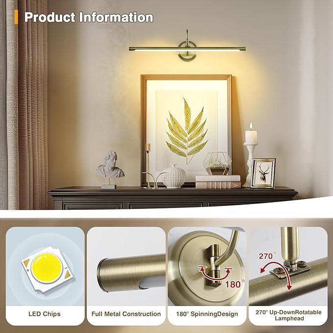 JOOSENLUX Modern LED Picture Lights Mini Accent Spotlights Brief Metal Artwork Display Lamp 24.4“ Inch14W(70W Eqv.),Natural White 3000K,Hardwired Swing Arm,Antique Bronze