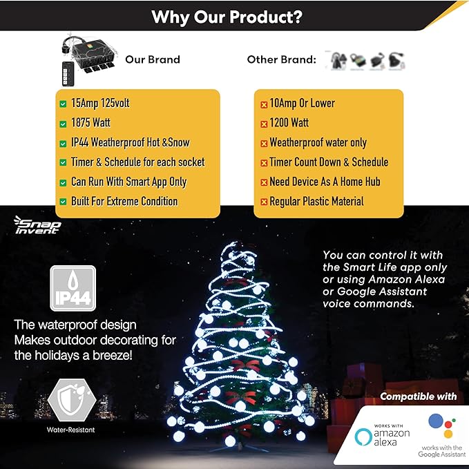 Smart Heavy Duty Outdoor Power Strip WiFi Plug Water-Resistant Socket, Electrical Power Extension Cord, Outlet Switch and Timer Works Remotely with Alexa, G Assistant (4 Sockets) Black