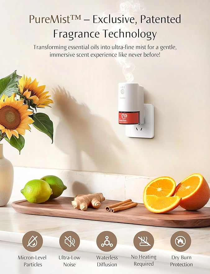 SF101S Pro Smart Plug in Air Freshener for Home, Waterless Essential Oil Diffuser, Aromatherapy Home Diffuser, 120-Day Natural Aroma Mist – Free 30ml Citrus Bloom Noir (Tangerine Orange)