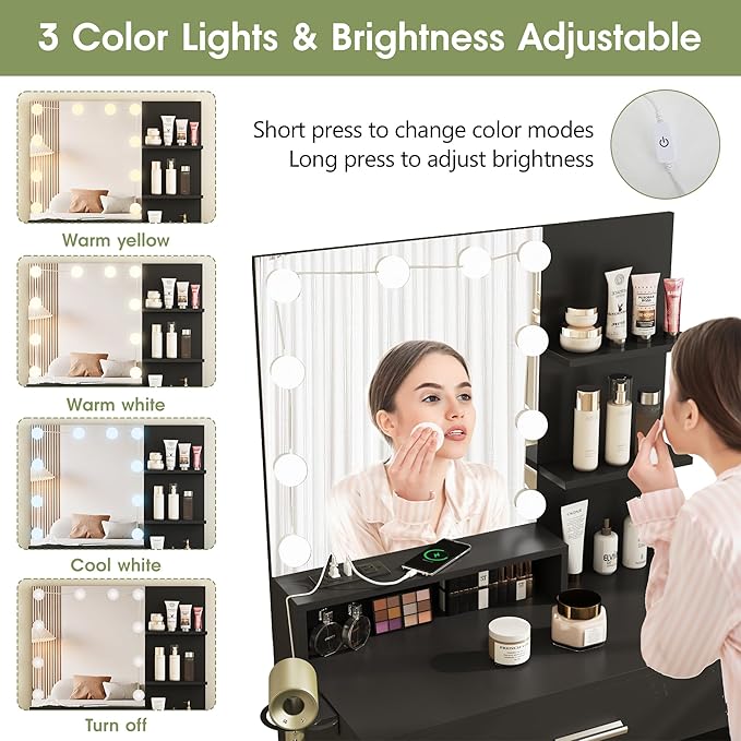 Vabches Small Vanity Desk with Mirror and Lights, Makeup Vanity with Storage Chair & Power Strip,Girl Dressing Table Set with Drawer for Bedroom,3 Lighting Modes,Brightness Adjustable,Black