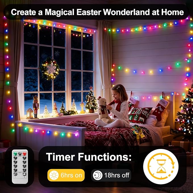 PJT 200 LED Easter String Lights, 66ft Plug in Pastel String Lights with Remote, 8 Modes & Connectable, Easter Tree Decor Lights for Tree Wrapping & Egg Hunt, Indoor Outdoor Garden Fence