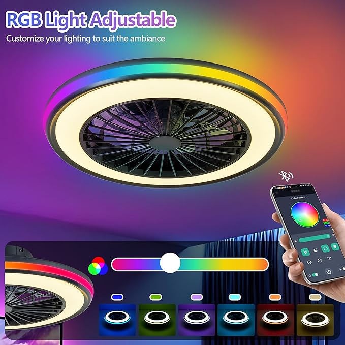 20" Modern LED Ceiling Fan Light, Smart Bladeless Ceiling Fans with Lights and Remote, RGB Bluetooth Fan Chandelier for Bedroom,Living Room, Office (20)