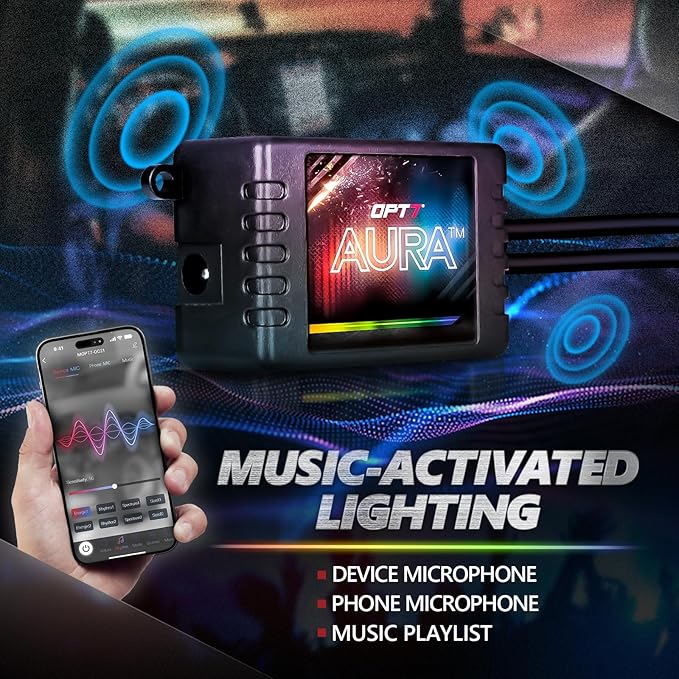 OPT7 Aura Pro Interior Car Lights with App & Remote Control, Multicolor Change, Music Sync Inside Ambient Lighting Kit, Car SUV Van Under Dash Decor, 12V Charger Adapter, 4PC Single Row LED Strip