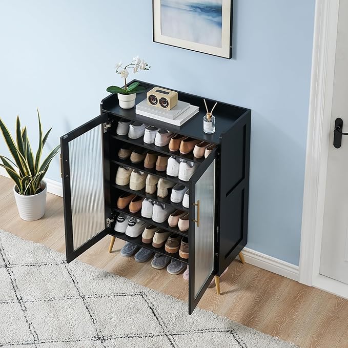 GarveeLife 5-Tier Shoe Cabinet with Glass Front Doors, Durable Storage Organizer Featuring Reinforced Support Legs, Modern Shoe Rack for Entryway or Front Door, Black Finish