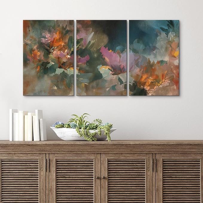 wall26 Canvas Print Wall Art Set Expressive Abstract Florals in Deep Greens and Warm Accents Illustrations Modern Art Decorative Multicolor for Living Room, Bedroom, Office - 24"x36" x 3