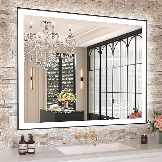 Amorho LED Bathroom Mirror, 40"x 32" Front Light and Backlit(Controlled Separately), Black Frame, Stepless Dimmable, Anti-Fog, Shatter-Proof, 3 Colors, Memory