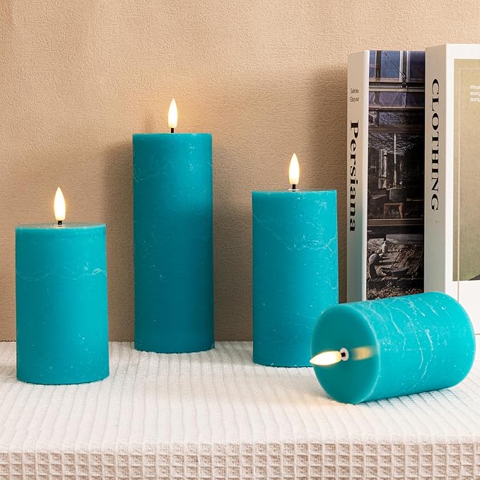Teal Flameless Pillar Candles, Battery Operated Candles with Remote, Real Wax Flickering LED Candles for Home Party Wedding Holiday Decor, Set of 4, Φ 3" H 4" 5" 6" 8"