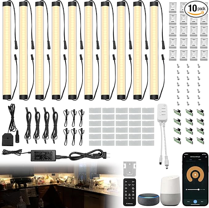 Under Cabinet Lights Kit, LED Smart Dimmable Strip Lighting Fixtures, 24V Plug in Linkable Bar LED Counter Lights for Pantry, Kitchen, Shelf, Bookcases, Showcase (10 PCS, Warm White)