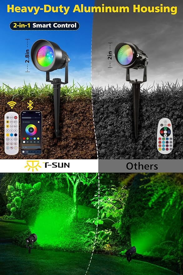 T-SUN Smart Color Changing Landscape Lights, RGBW Spotlights Outdoor with App & Remote, Music Sync, DIY Scenes, Timing, Dimmable Waterproof Spot Light for Yard Garden Tree Decoration, 6 Pack