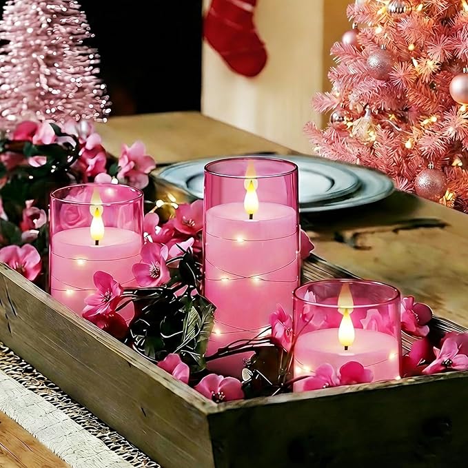 Homemory Flameless Candles with Embedded Star String Fairy Lights, Battery Operated Candles, LED Candle, Fake Candles with Remote Control and Timer, Pink, Set of 3(H 4" 5" 6”)