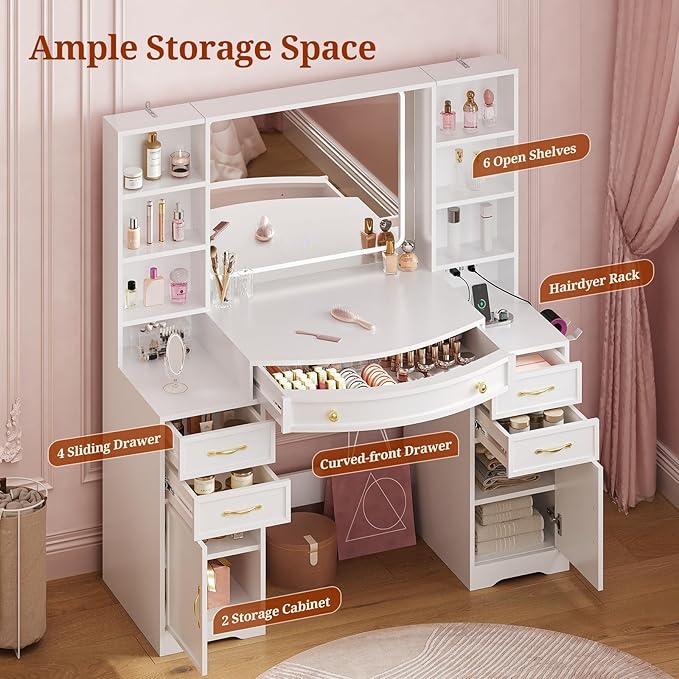77.2" Large Vanity Table with LED Mirror, Vanity Desk with Built-in Charging Station,5 Drawers,2 Cabinets,6 Open Shelves (2 Adjustable) & Hair Dryer Holder, Makeup Desk for Bedroom