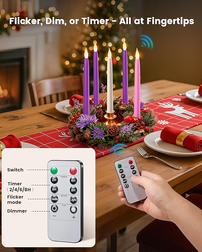 SURAIELEC Set of 5 Battery Operated Advent Candles, 10.5'' Christmas Taper Candle with Remote, Timer, Flameless LED for Advent Wreath, Christmas Decoration (Rechargeable Battery Not Compatible)