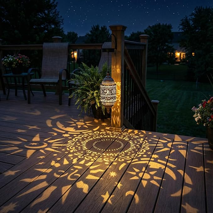 Moroccan Hanging Solar Lights Outdoor Garden Decor Sun and Moon Decorations Solar Lantern Waterproof for Patio Pathway Yard Backyard Garden Decorative (Cylinder, 2)