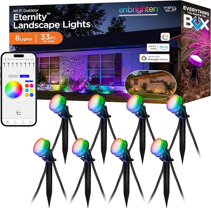 Enbrighten Vibe Eternity Garden Lights, 33ft, 8 RGBWIC LEDs, Waterproof, Uplights, Outdoor Landscape Lighting, Home Exterior Spotlight, Smart App, Compatible with Alexa, Google Home, 83789