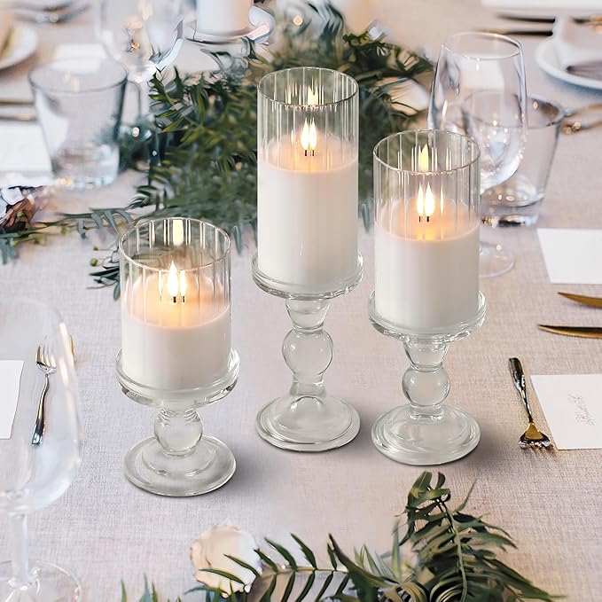Rhytsing Clear Ribbed Glass Battery Operated LED Candles with Remote, White Flameless Candle Gift Set with Timer for Weddings and Churches, Warm White Light- 6 Batteries Inclued - Set of 3