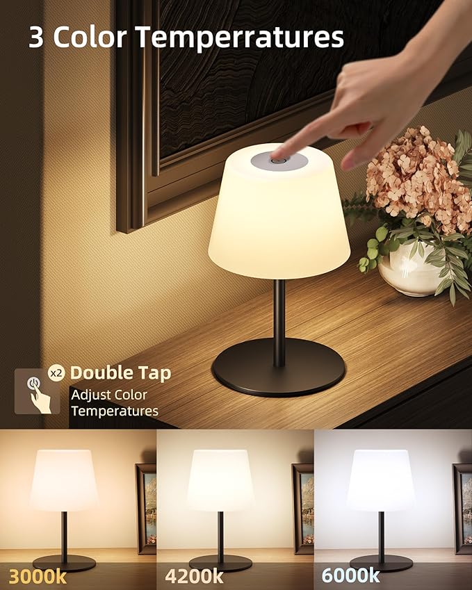 EZVALO Outdoor Cordless Table Lamp, IP65 Waterproof 4500mAh Rechargeble Shower Lamp, Dimmable Touch Lamp, LED Night Light Lamp for Bathroom Patio Camping Restaurant Home 2 Pack(Black)