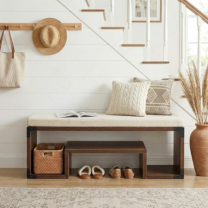 Tribesigns Shoe Storage Bench with Cushion, 47" Entryway Bench with Storage Shelf and Removable Padded Seat for Entryway, Hallway, Living Room, Bedroom, Vintage Brown