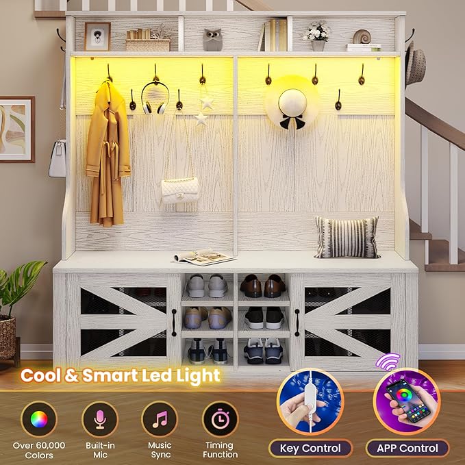 Itaar Hall Tree with Bench and Shoe Storage, 5-in-1 Entryway Bench with Coat Rack, 16 Shoe Cubbies & 12 Coat Hooks, Barn Door & Adjustable Shelf (Embossed White)