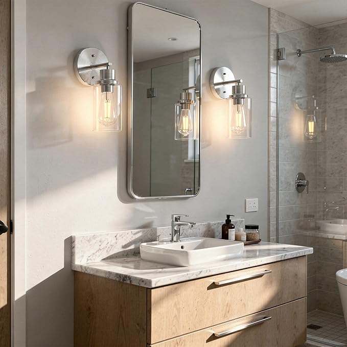 2-Pack Brushed Nickel Bathroom Wall Sconces, Modern Vanity Light Fixtures with Clear Glass Shade, 1-Light Wall Lamps Over Mirror for Bathroom, Bedroom, Hallway, Living Room