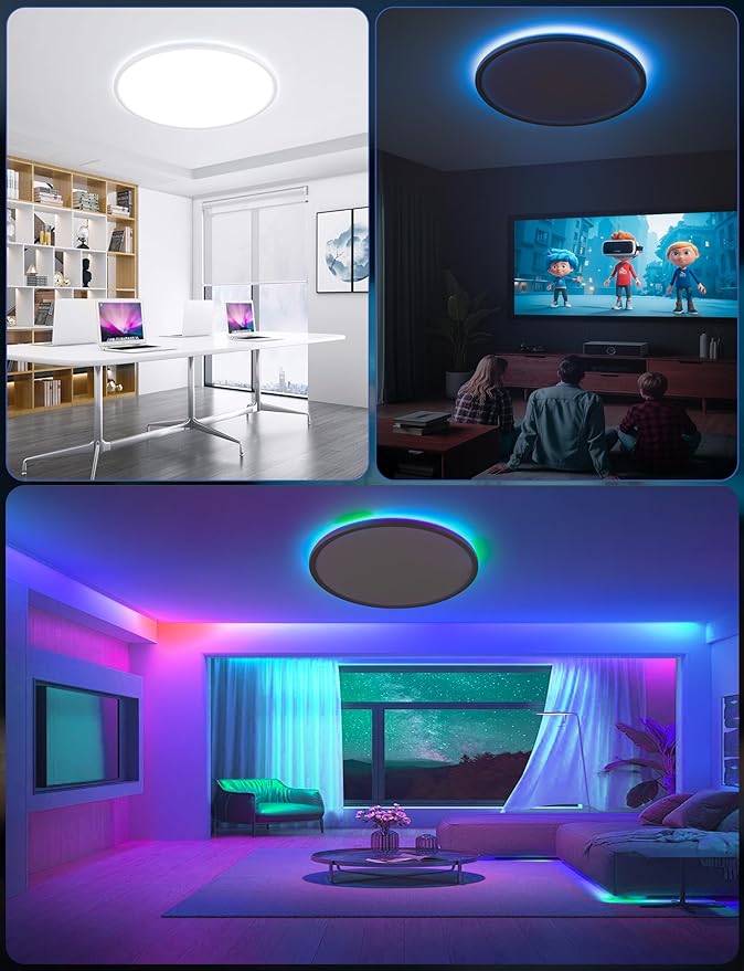 Smart Ceiling Light, RGB LED Flush Mount Ceiling Light with Remote，Ambient Lighting Fixture, 11 Inch 24W 2400LM 3000K-6500K, DIY Colors, Timer, White