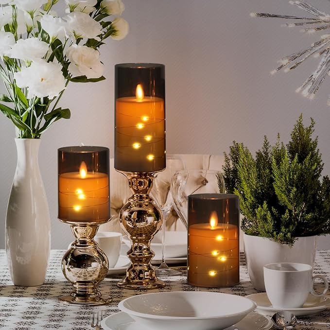 Wondise Flameless Flickering Candles with Embedded Star String Lights, Battery Operated with Moving Wick Acrylic LED Candles with Remote for Home, Wedding, Halloween, Christmas Decor