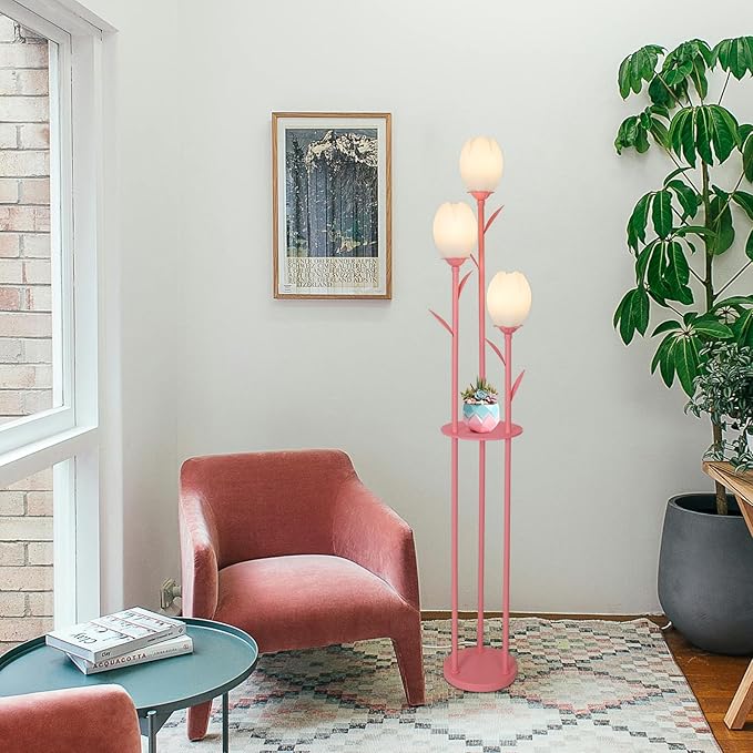Pink Floor Lamp for Bedroom, 3-Light Flower Floor Lamp with Table, Corner Standing Lamps for Living Room, Tall Flower Lamp for Office, Girls Room, Unique Lighting Decor (Bulbs Included)