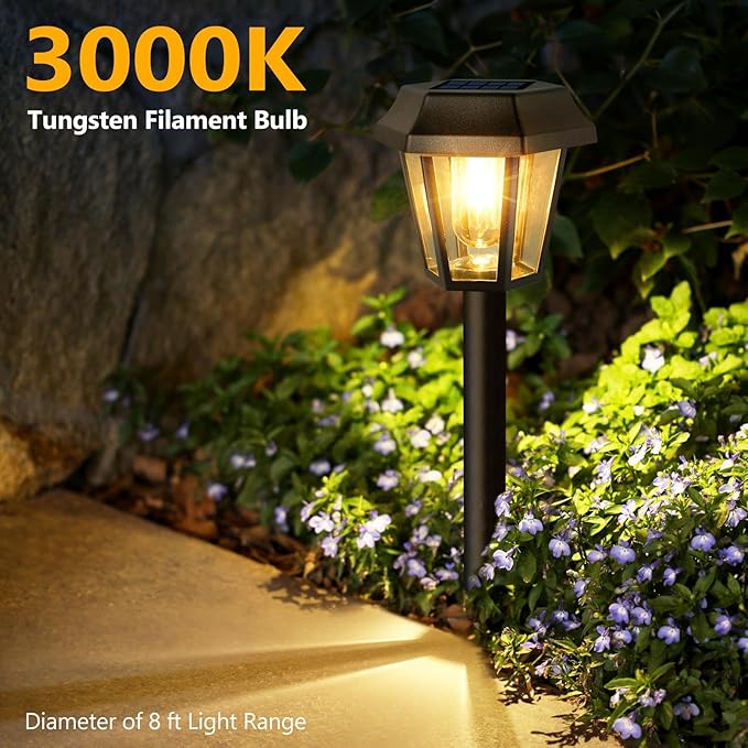 Solar Lights Outdoor 8 Pack Pathway Lights Waterproof with 3000K Vintage Tungsten Filament Light Bulbs for Yard Garden Walkway Driveway Landscape Path