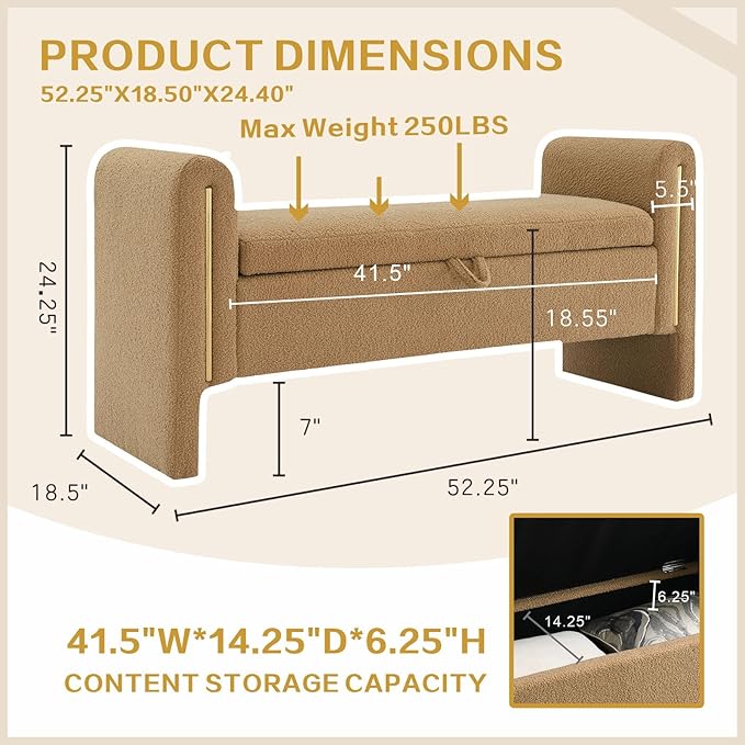 Modern 52" Storage Ottoman Bench, Upholstered End of Bed Storage Bench with Armrests, Entryway Bench, Teddy Foot Rest Stool for Living Room Hallway Bedroom (Coffee Brown)