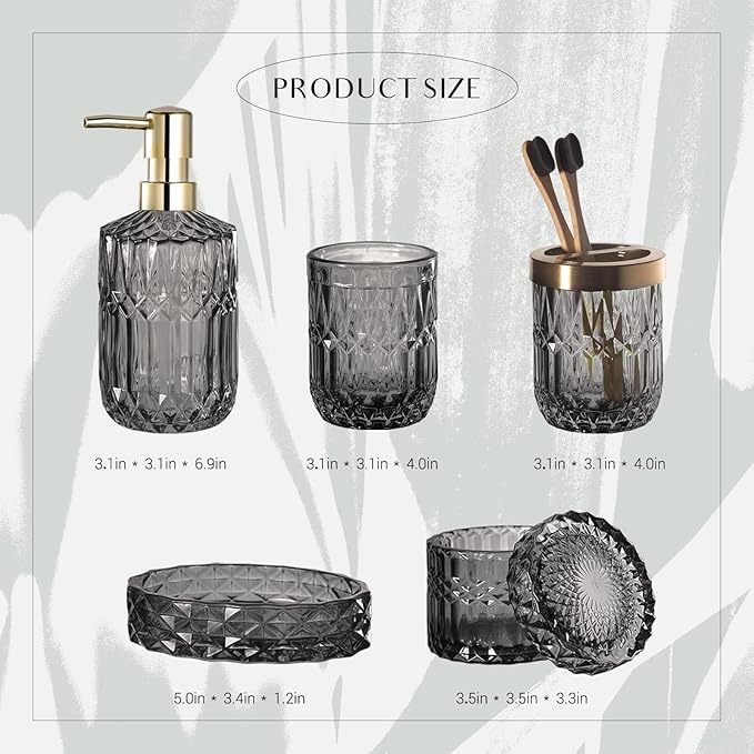EMPO 6PCS Bathroom Clear Glass Accessories Set (Lotion Soap Dispenser, Soap Dish, Toothbrush Holder, Tumbler, Cotton Swab Jar) Contemporary Modern Decor Crystal Clear Vintage Gift (6pcs Gray)