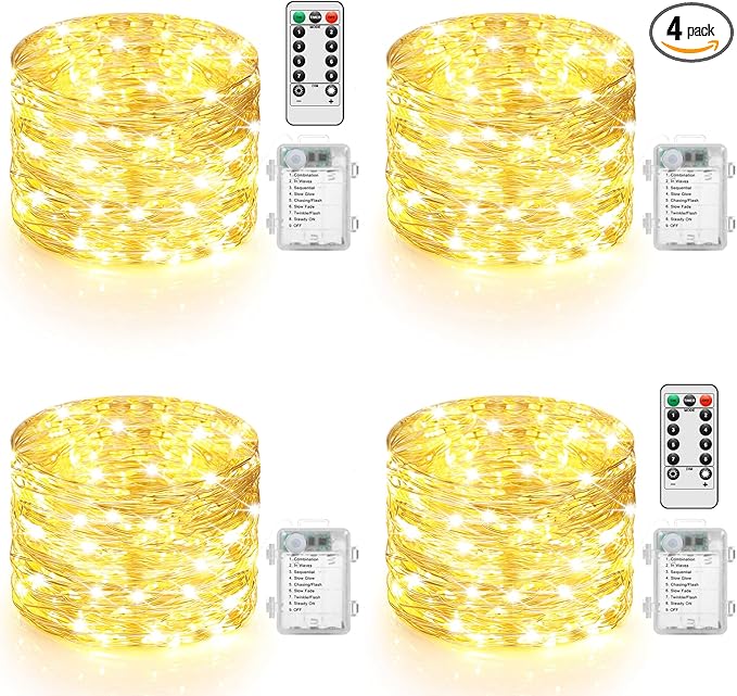 4-Pack 132FT 400LED Fairy Lights Battery Operated with Timer&Remote, Waterproof Twinkle Lights Indoor Outdoor, 8 Modes String Lights for Bedroom Classroom DIY Wedding Decorations,Warm White(33ftx4)