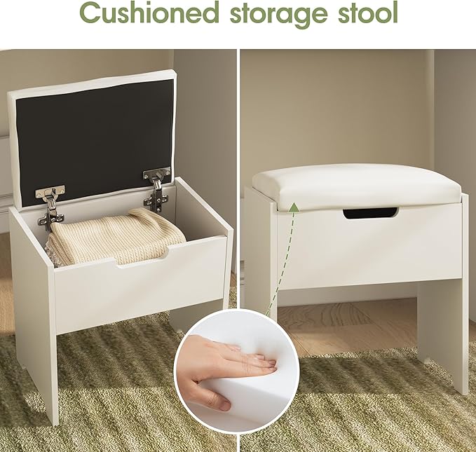 Vabches Small Vanity Desk with Mirror and Lights, Makeup Vanity with Storage Chair & Power Strip,Girl Dressing Table Set with Drawer for Bedroom,3 Lighting Modes,Brightness Adjustable,White
