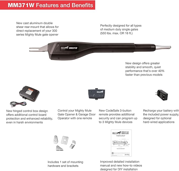 Mighty Mule MM371W Automatic Gate Opener, Smart and Solar Ready, Includes Gate Opener Remote and More-Up to 16ft Long or 550lb, Black, 1 Gate Opener Kit
